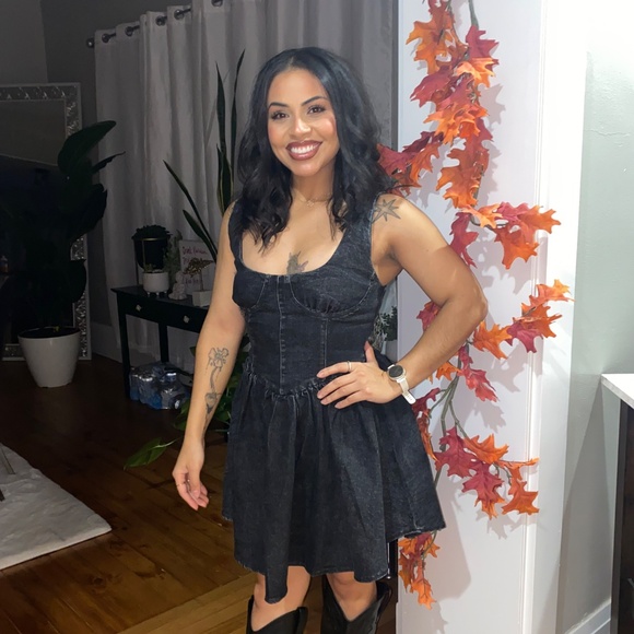 12th Tribe Kit Washed Black Denim Drop Waist Mini Dress Size SS - Picture 6 of 6